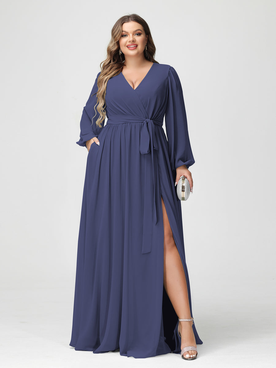 A-Line/Princess V-Neck Long Sleeves Chiffon Plus Size Bridesmaid Dresses with Pockets Stormy Blue