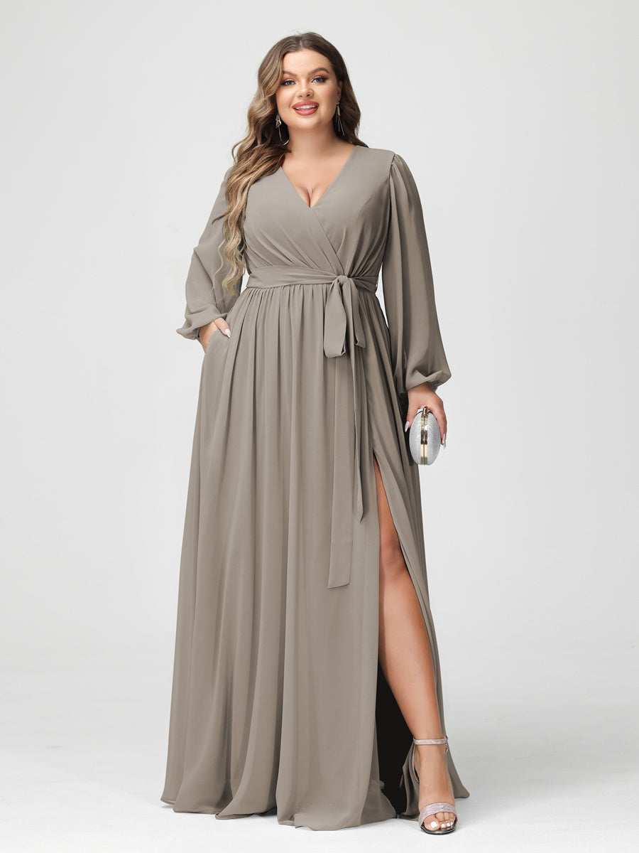 A-Line/Princess V-Neck Long Sleeves Chiffon Plus Size Bridesmaid Dresses with Pockets Taupe