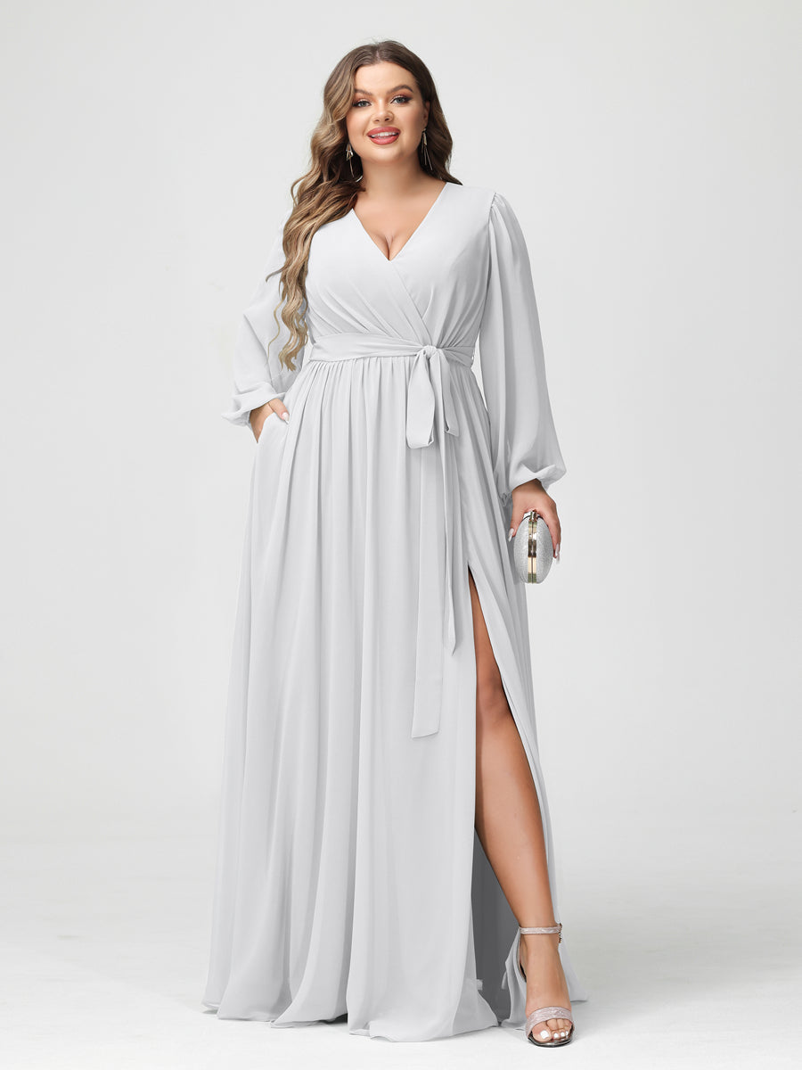 A-Line/Princess V-Neck Long Sleeves Chiffon Plus Size Bridesmaid Dresses with Pockets White