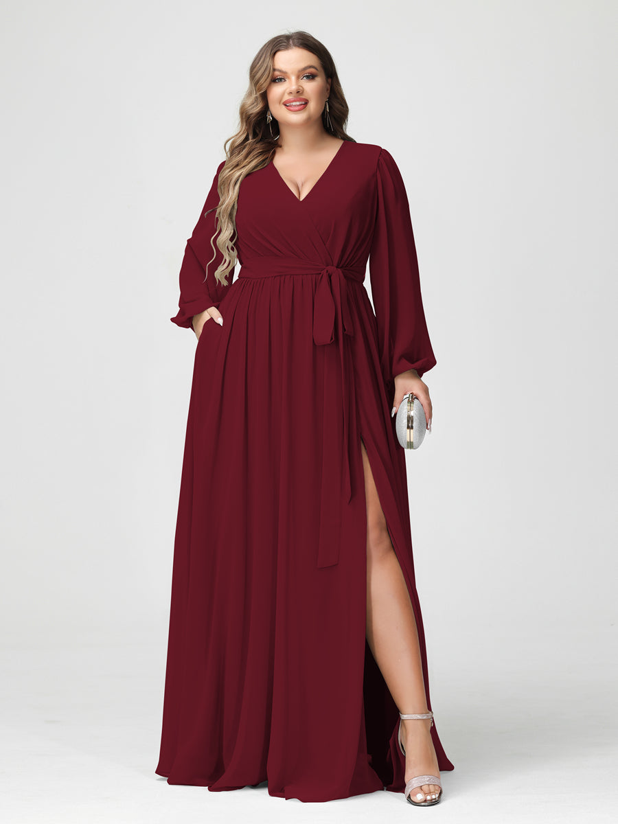 A-Line/Princess V-Neck Long Sleeves Chiffon Plus Size Bridesmaid Dresses with Pockets Wine Red