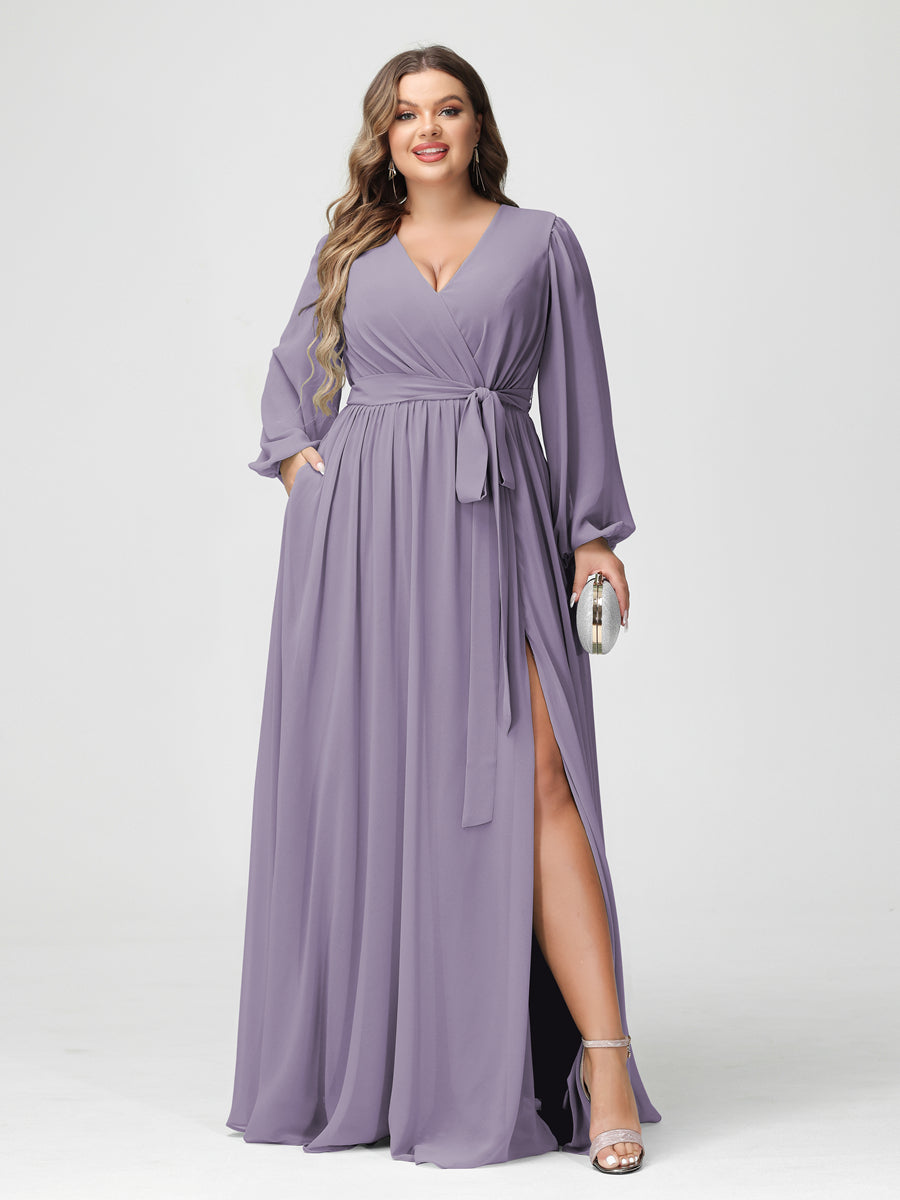 A-Line/Princess V-Neck Long Sleeves Chiffon Plus Size Bridesmaid Dresses with Pockets Wisteria