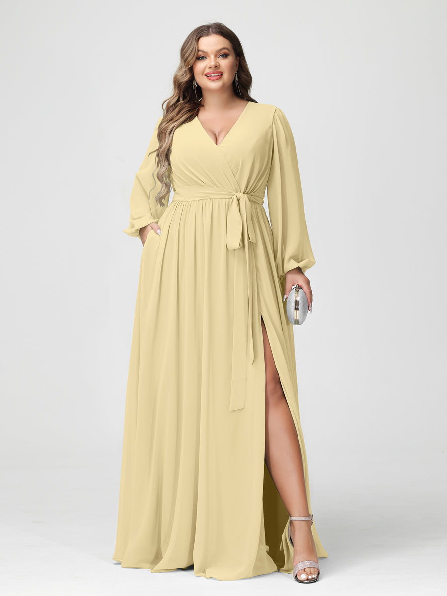 A-Line/Princess V-Neck Long Sleeves Chiffon Plus Size Bridesmaid Dresses with Pockets Yellow