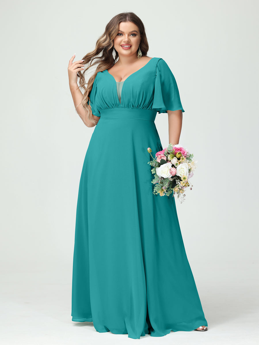 A-Line/Princess V-Neck Half Sleeves Chiffon Plus Size Bridesmaid Dresses with Pockets Aqua Blue
