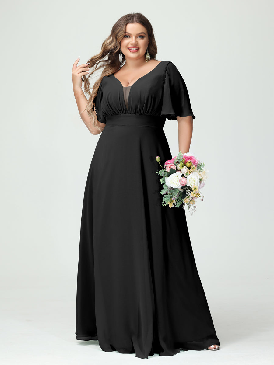 A-Line/Princess V-Neck Half Sleeves Chiffon Plus Size Bridesmaid Dresses with Pockets Black