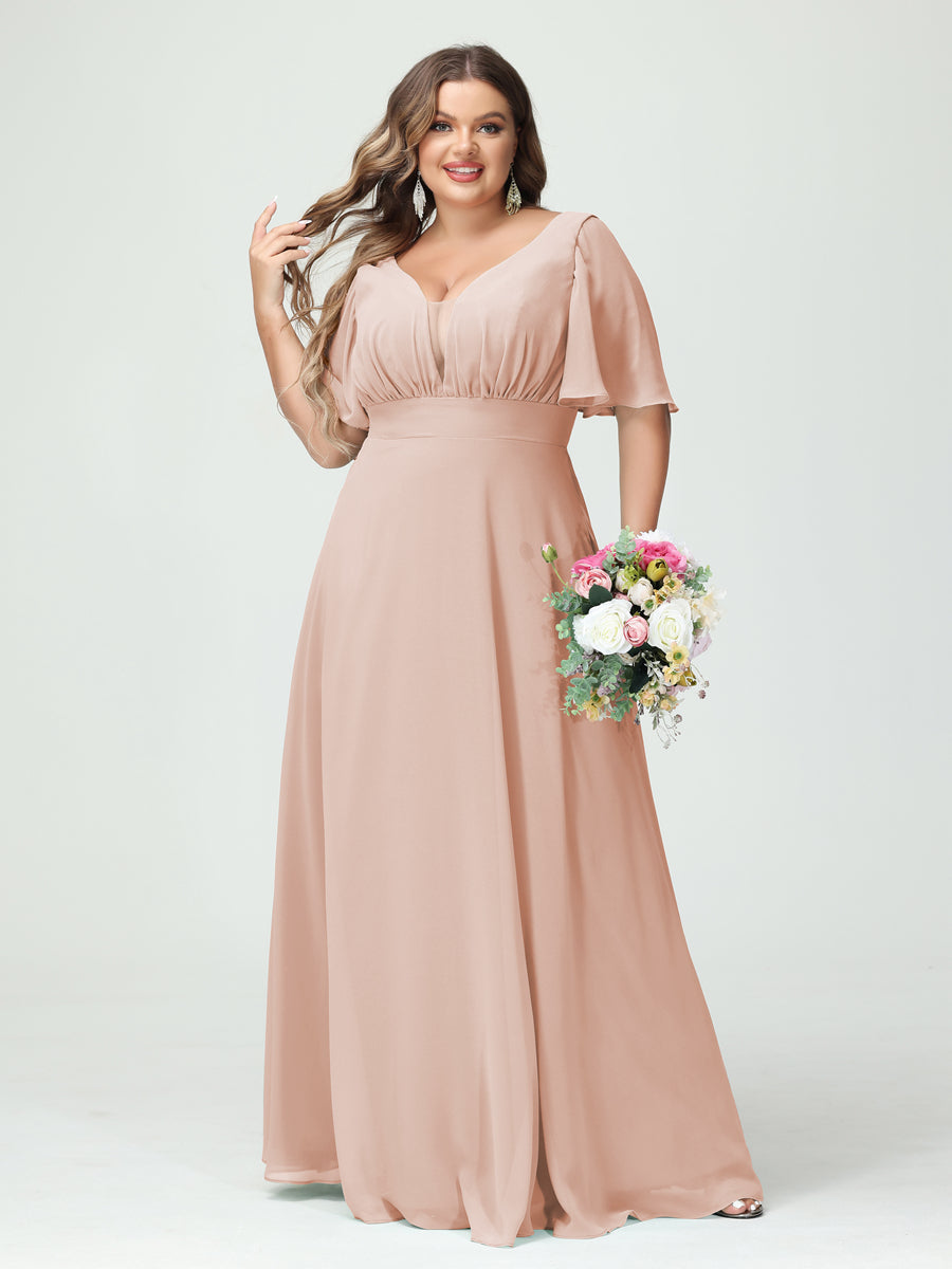 A-Line/Princess V-Neck Half Sleeves Chiffon Plus Size Bridesmaid Dresses with Pockets Blush Pink