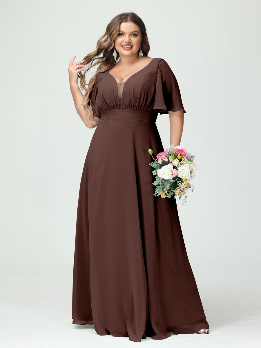 A-Line/Princess V-Neck Half Sleeves Chiffon Plus Size Bridesmaid Dresses with Pockets Brown