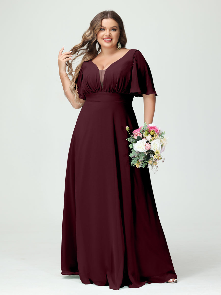 A-Line/Princess V-Neck Half Sleeves Chiffon Plus Size Bridesmaid Dresses with Pockets Burgundy