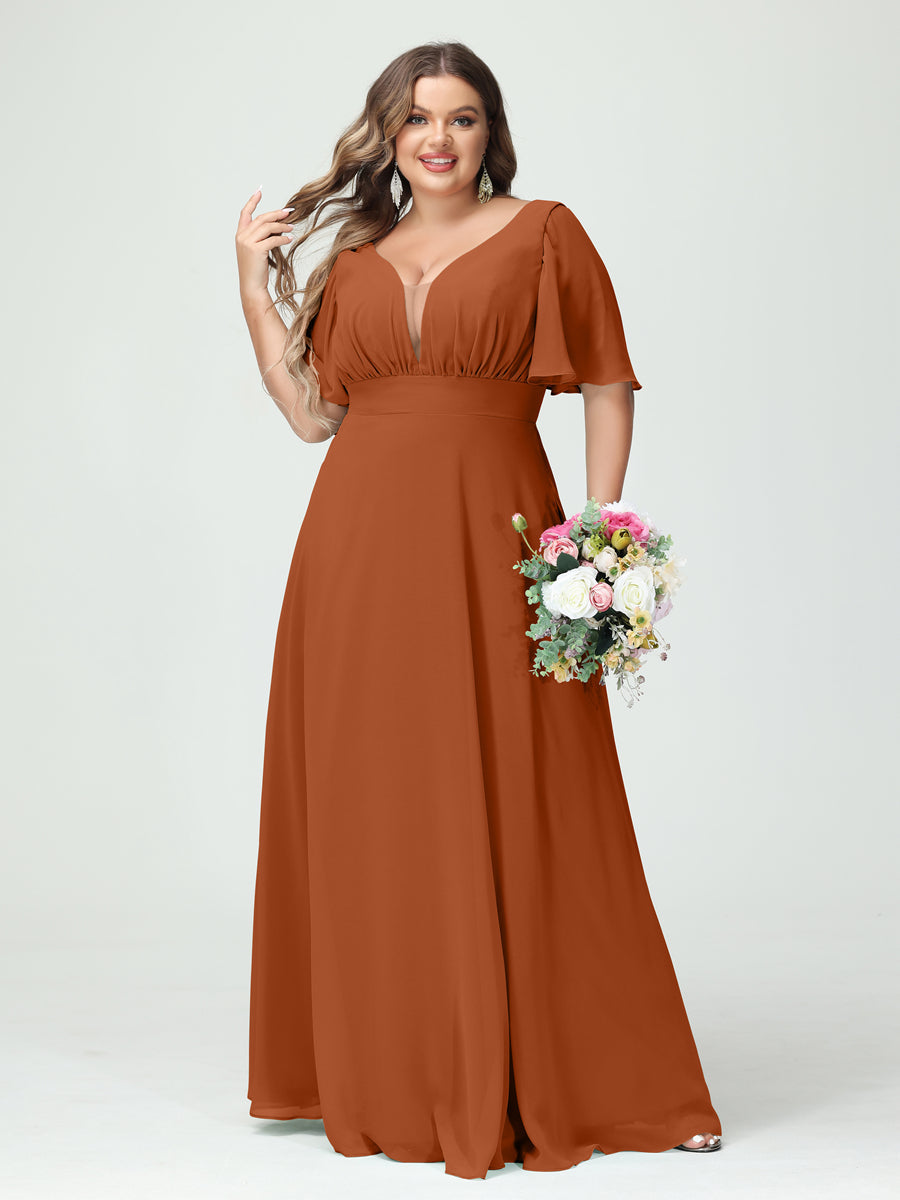 A-Line/Princess V-Neck Half Sleeves Chiffon Plus Size Bridesmaid Dresses with Pockets Burnt Orange