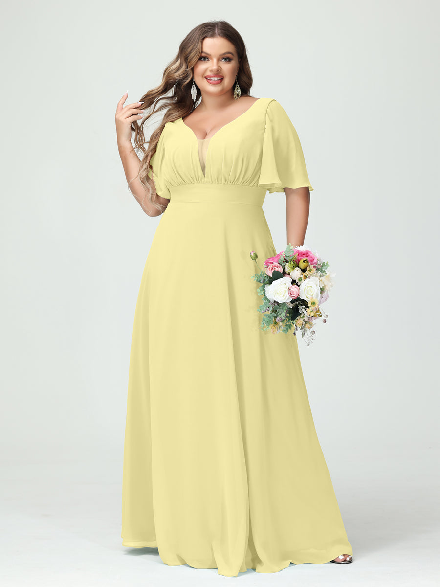 A-Line/Princess V-Neck Half Sleeves Chiffon Plus Size Bridesmaid Dresses with Pockets Canary
