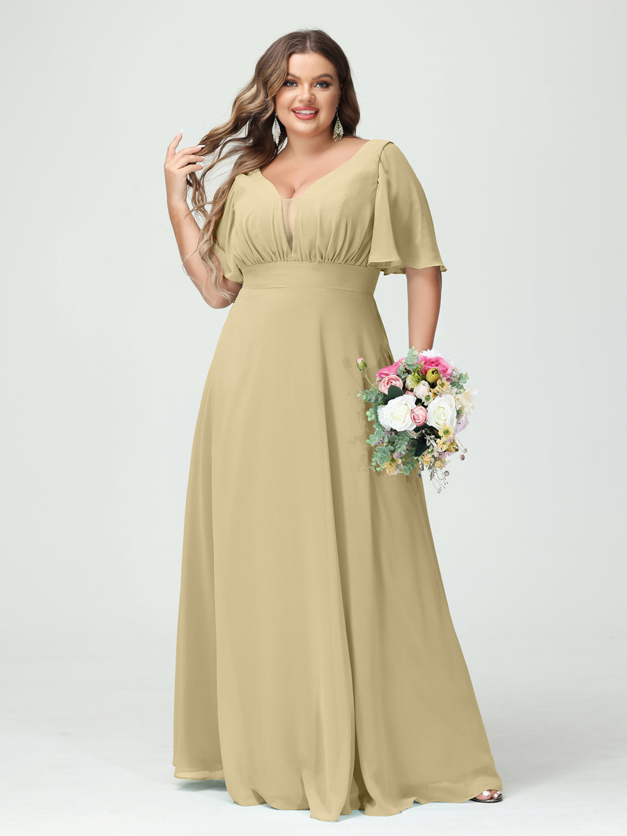 A-Line/Princess V-Neck Half Sleeves Chiffon Plus Size Bridesmaid Dresses with Pockets Champagne