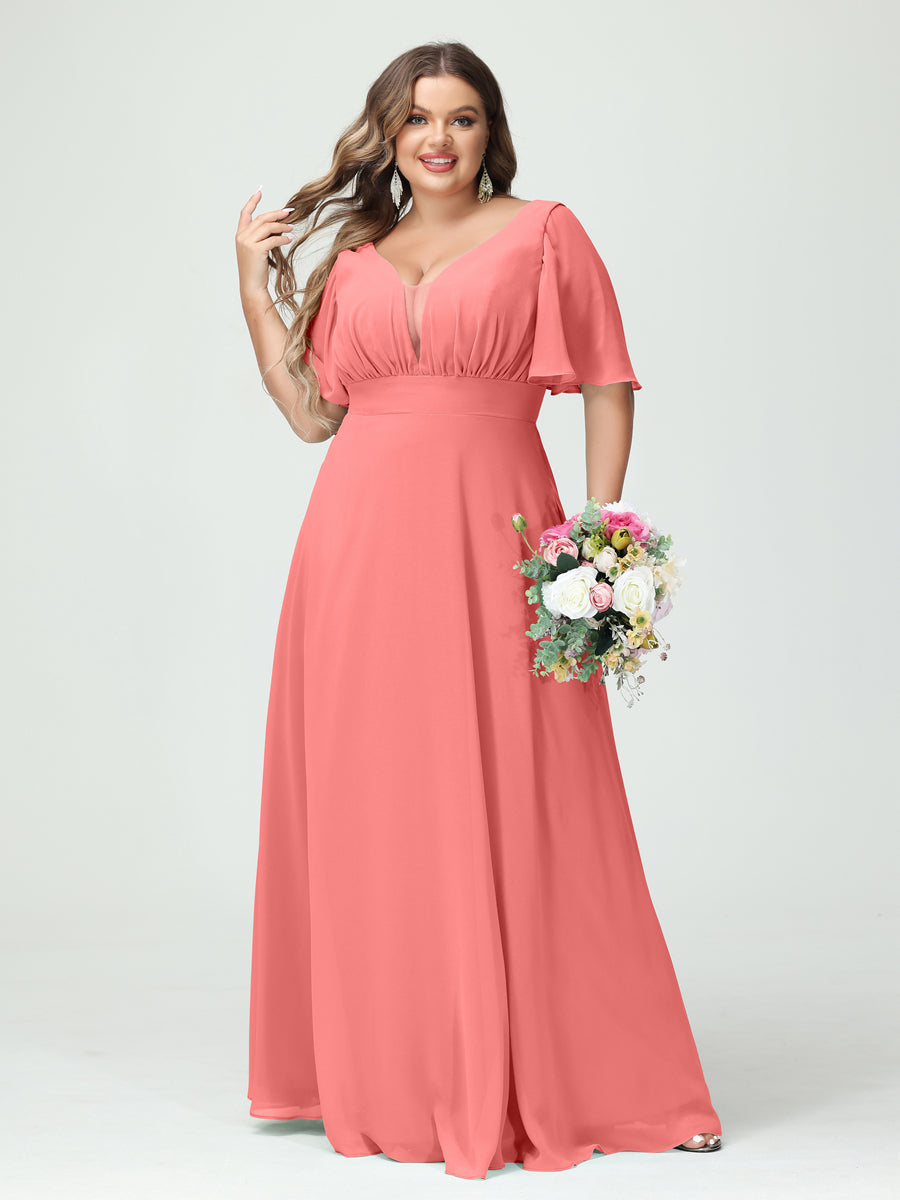 A-Line/Princess V-Neck Half Sleeves Chiffon Plus Size Bridesmaid Dresses with Pockets Coral