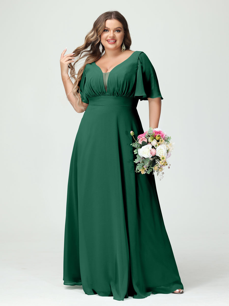 A-Line/Princess V-Neck Half Sleeves Chiffon Plus Size Bridesmaid Dresses with Pockets Dark Green