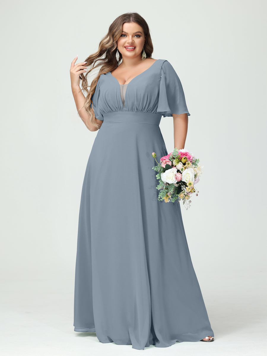 A-Line/Princess V-Neck Half Sleeves Chiffon Plus Size Bridesmaid Dresses with Pockets Dusty Blue