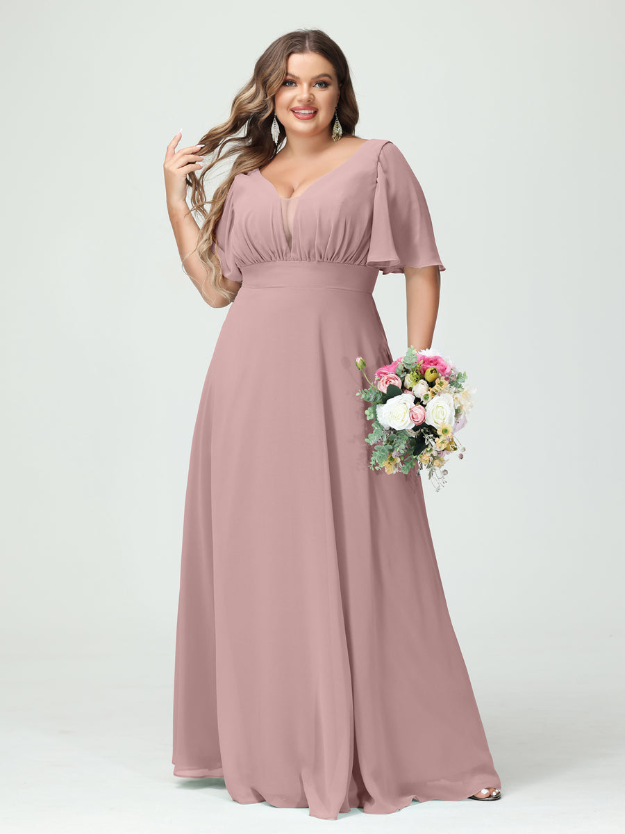 A-Line/Princess V-Neck Half Sleeves Chiffon Plus Size Bridesmaid Dresses with Pockets Dusty Pink