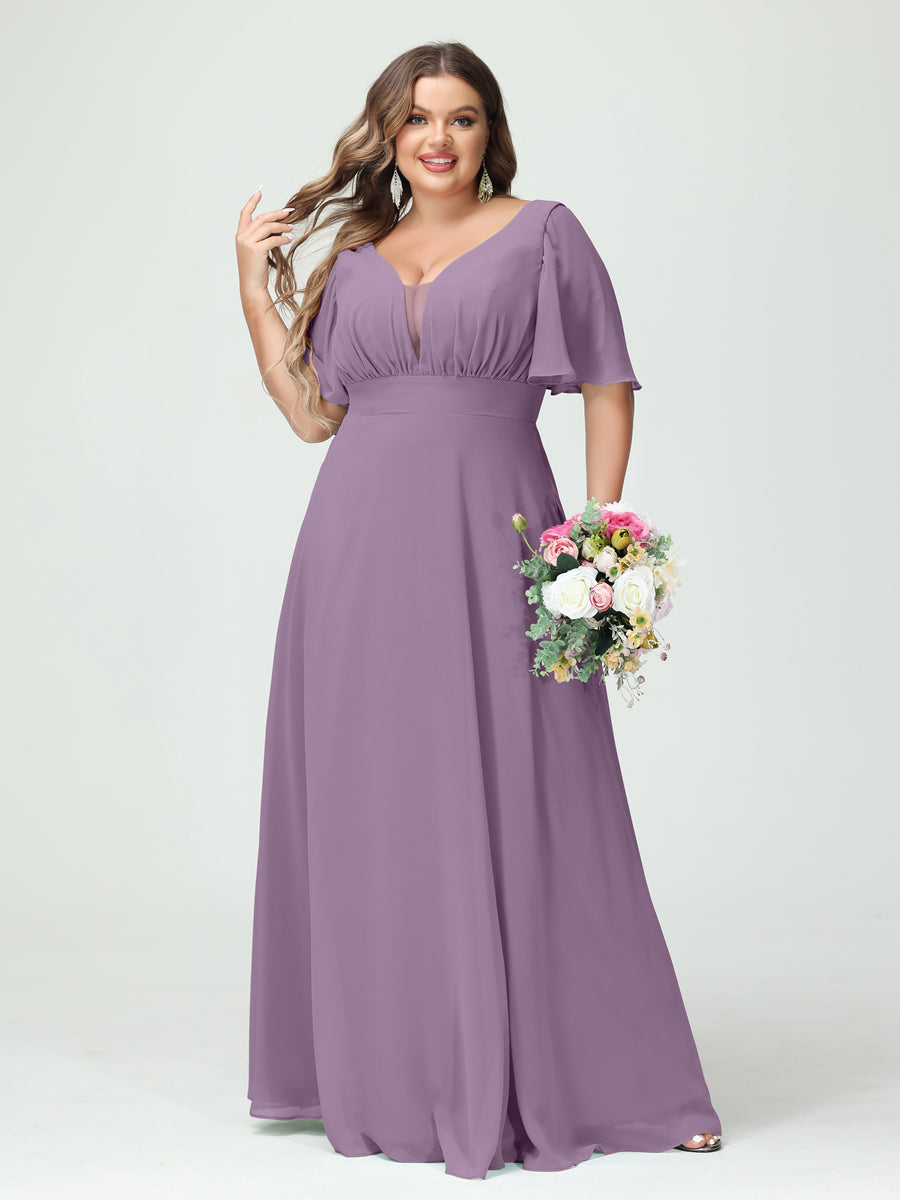 A-Line/Princess V-Neck Half Sleeves Chiffon Plus Size Bridesmaid Dresses with Pockets Dusty Purple
