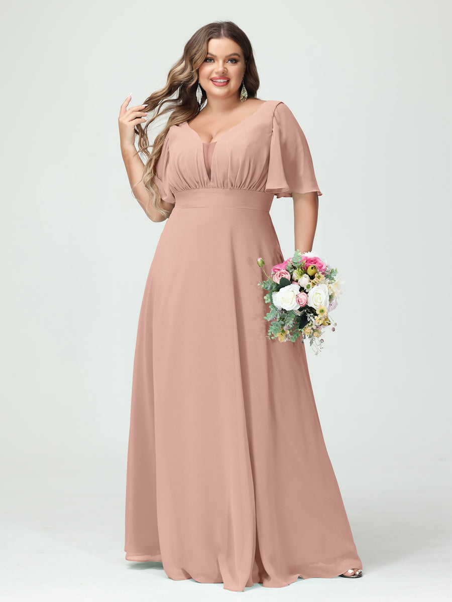 A-Line/Princess V-Neck Half Sleeves Chiffon Plus Size Bridesmaid Dresses with Pockets Dusty Rose