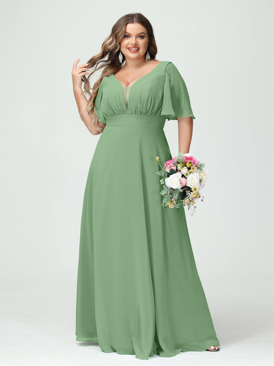 A-Line/Princess V-Neck Half Sleeves Chiffon Plus Size Bridesmaid Dresses with Pockets Dusty Sage
