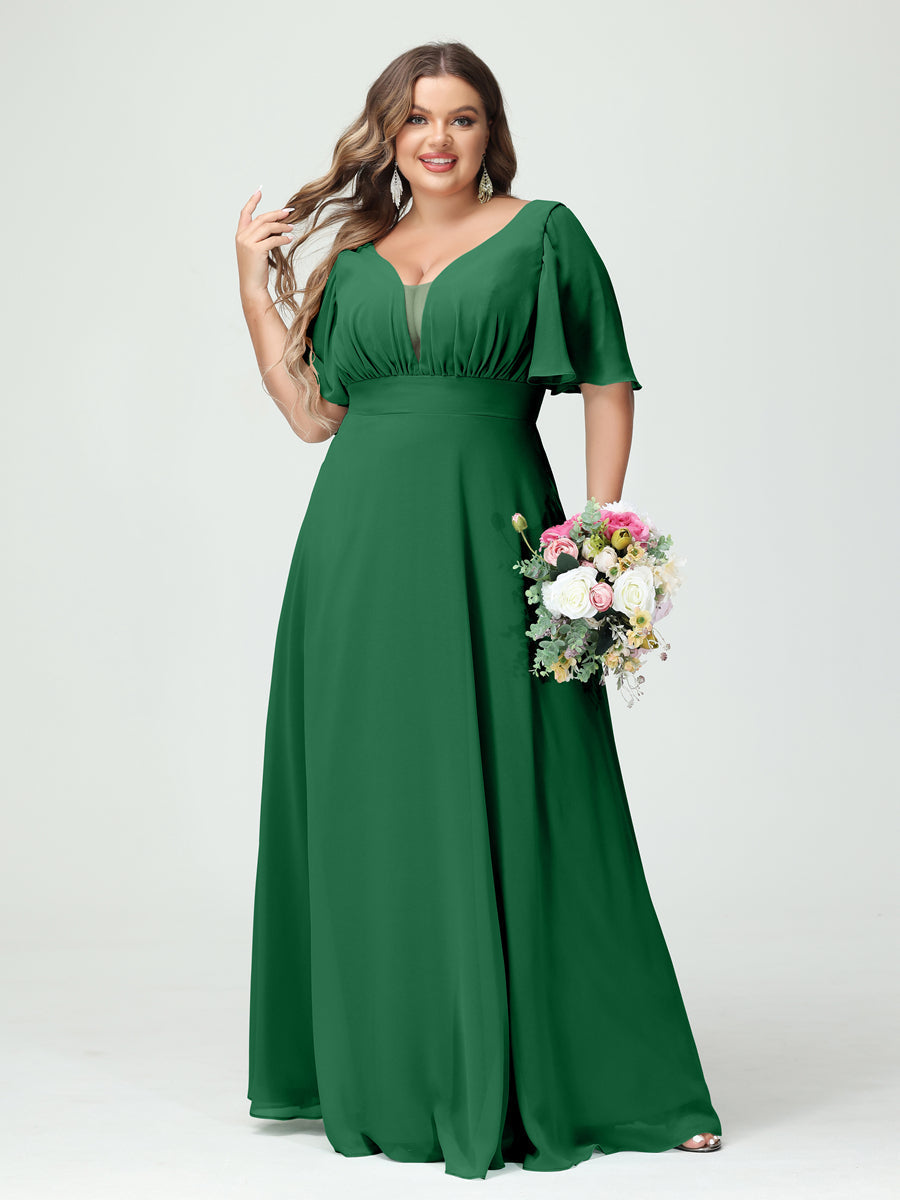 A-Line/Princess V-Neck Half Sleeves Chiffon Plus Size Bridesmaid Dresses with Pockets Emerald