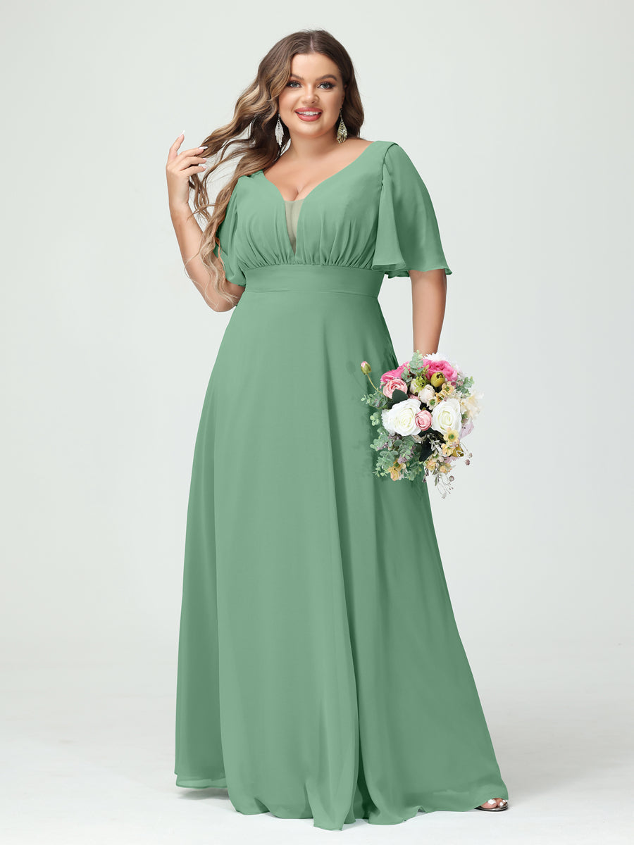 A-Line/Princess V-Neck Half Sleeves Chiffon Plus Size Bridesmaid Dresses with Pockets Eucalyptus