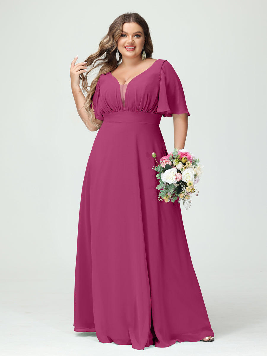 A-Line/Princess V-Neck Half Sleeves Chiffon Plus Size Bridesmaid Dresses with Pockets Fuchsia