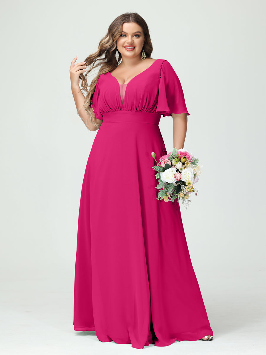 A-Line/Princess V-Neck Half Sleeves Chiffon Plus Size Bridesmaid Dresses with Pockets Fuchsia Pink