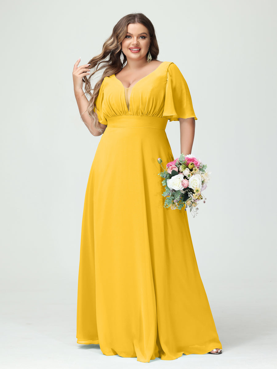 A-Line/Princess V-Neck Half Sleeves Chiffon Plus Size Bridesmaid Dresses with Pockets Gold