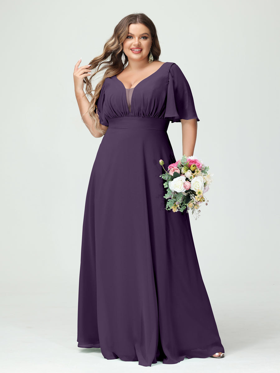A-Line/Princess V-Neck Half Sleeves Chiffon Plus Size Bridesmaid Dresses with Pockets Grape