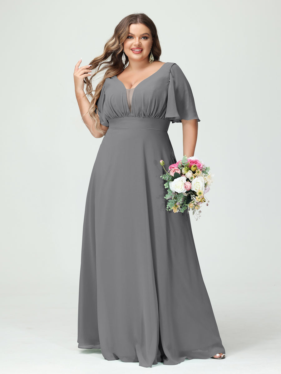 A-Line/Princess V-Neck Half Sleeves Chiffon Plus Size Bridesmaid Dresses with Pockets Gray