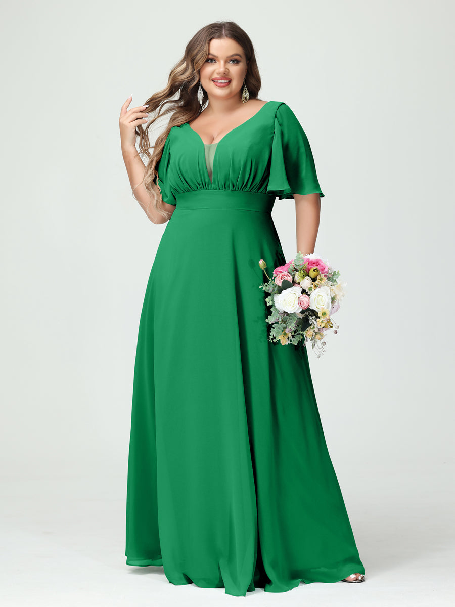 A-Line/Princess V-Neck Half Sleeves Chiffon Plus Size Bridesmaid Dresses with Pockets Green