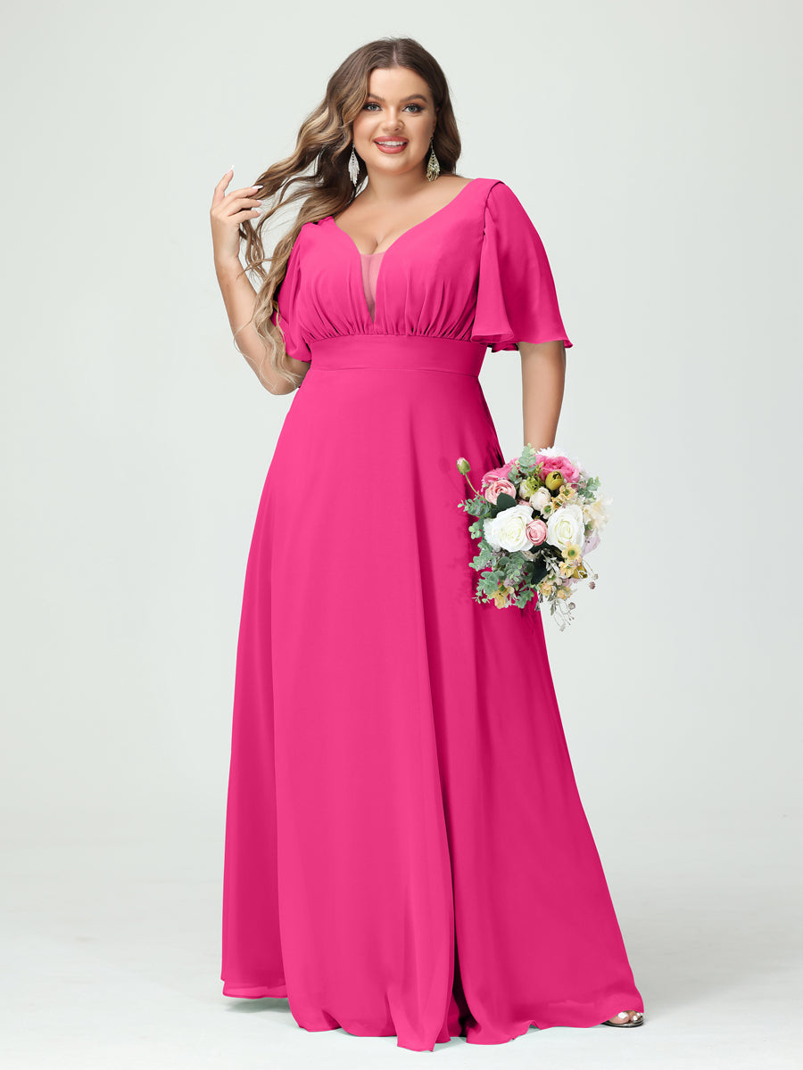 A-Line/Princess V-Neck Half Sleeves Chiffon Plus Size Bridesmaid Dresses with Pockets Hot Pink