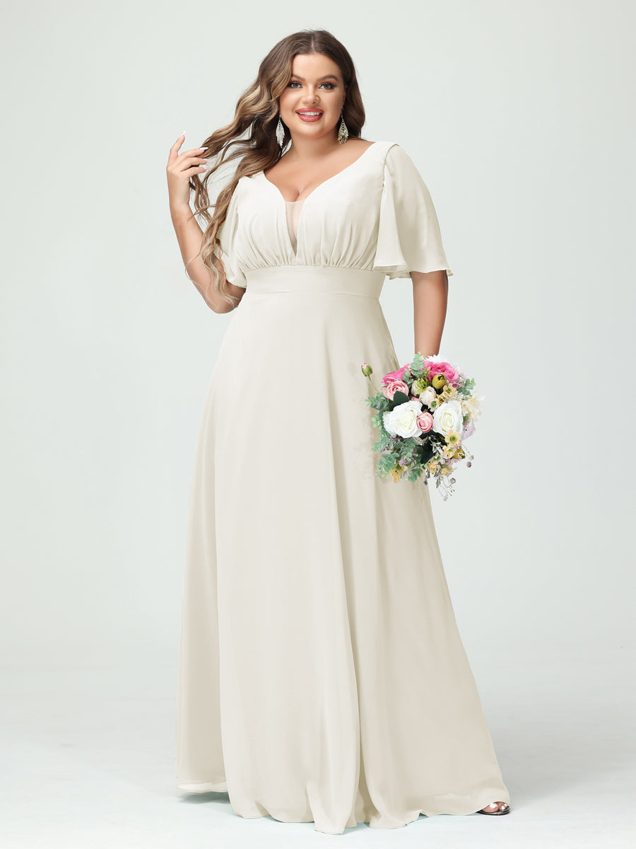 A-Line/Princess V-Neck Half Sleeves Chiffon Plus Size Bridesmaid Dresses with Pockets Ivory