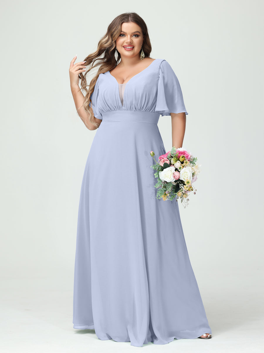 A-Line/Princess V-Neck Half Sleeves Chiffon Plus Size Bridesmaid Dresses with Pockets Lavender