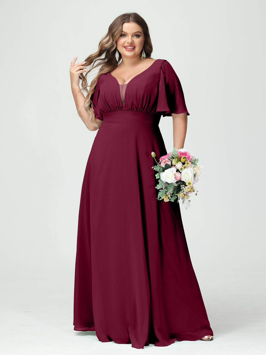 A-Line/Princess V-Neck Half Sleeves Chiffon Plus Size Bridesmaid Dresses with Pockets Light Burgundy