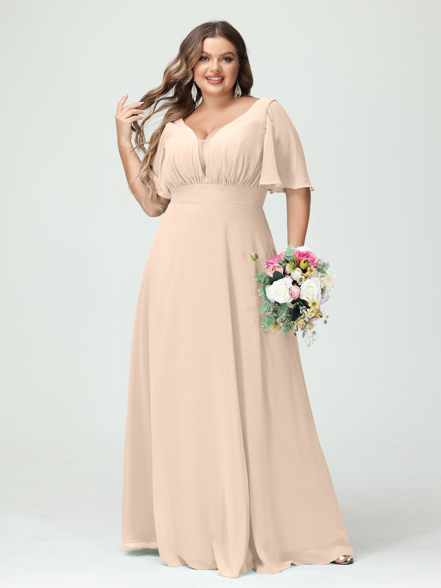 A-Line/Princess V-Neck Half Sleeves Chiffon Plus Size Bridesmaid Dresses with Pockets Light Champagne