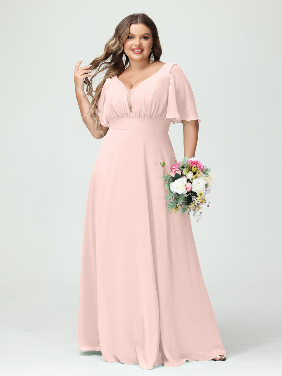 A-Line/Princess V-Neck Half Sleeves Chiffon Plus Size Bridesmaid Dresses with Pockets Light Pink