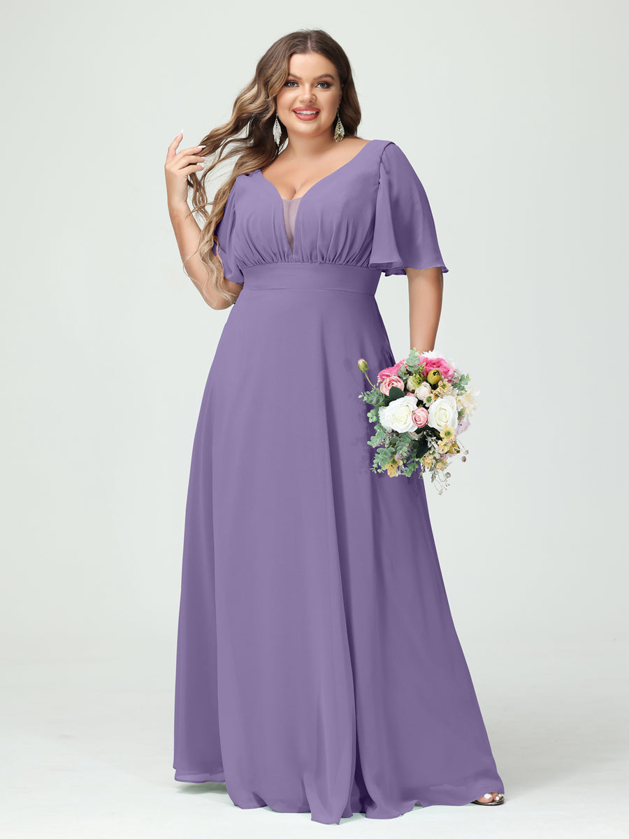 A-Line/Princess V-Neck Half Sleeves Chiffon Plus Size Bridesmaid Dresses with Pockets Light Purple