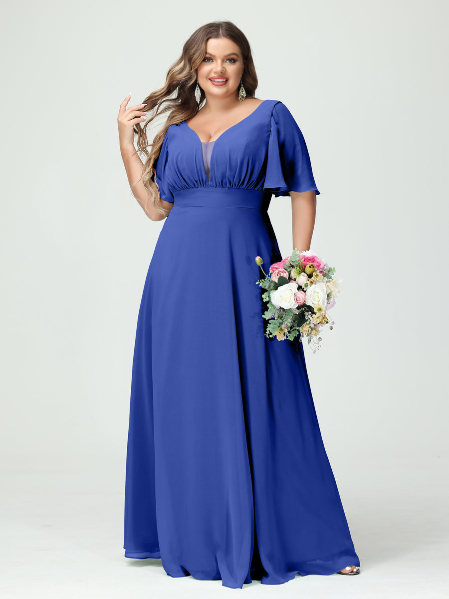 A-Line/Princess V-Neck Half Sleeves Chiffon Plus Size Bridesmaid Dresses with Pockets Light Royal Blue