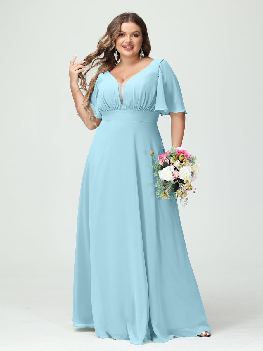 A-Line/Princess V-Neck Half Sleeves Chiffon Plus Size Bridesmaid Dresses with Pockets Light Sky Blue