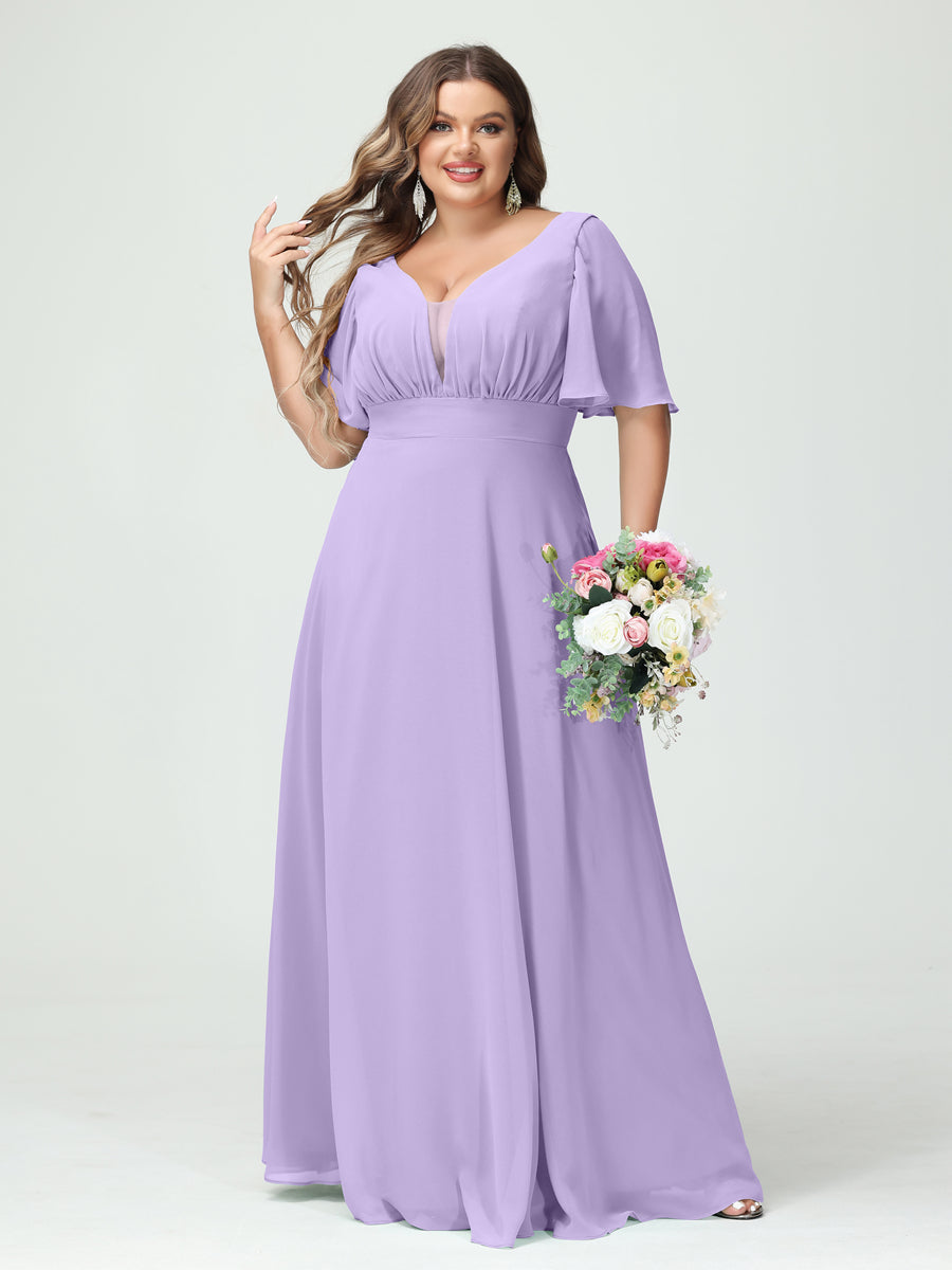 A-Line/Princess V-Neck Half Sleeves Chiffon Plus Size Bridesmaid Dresses with Pockets Lilac