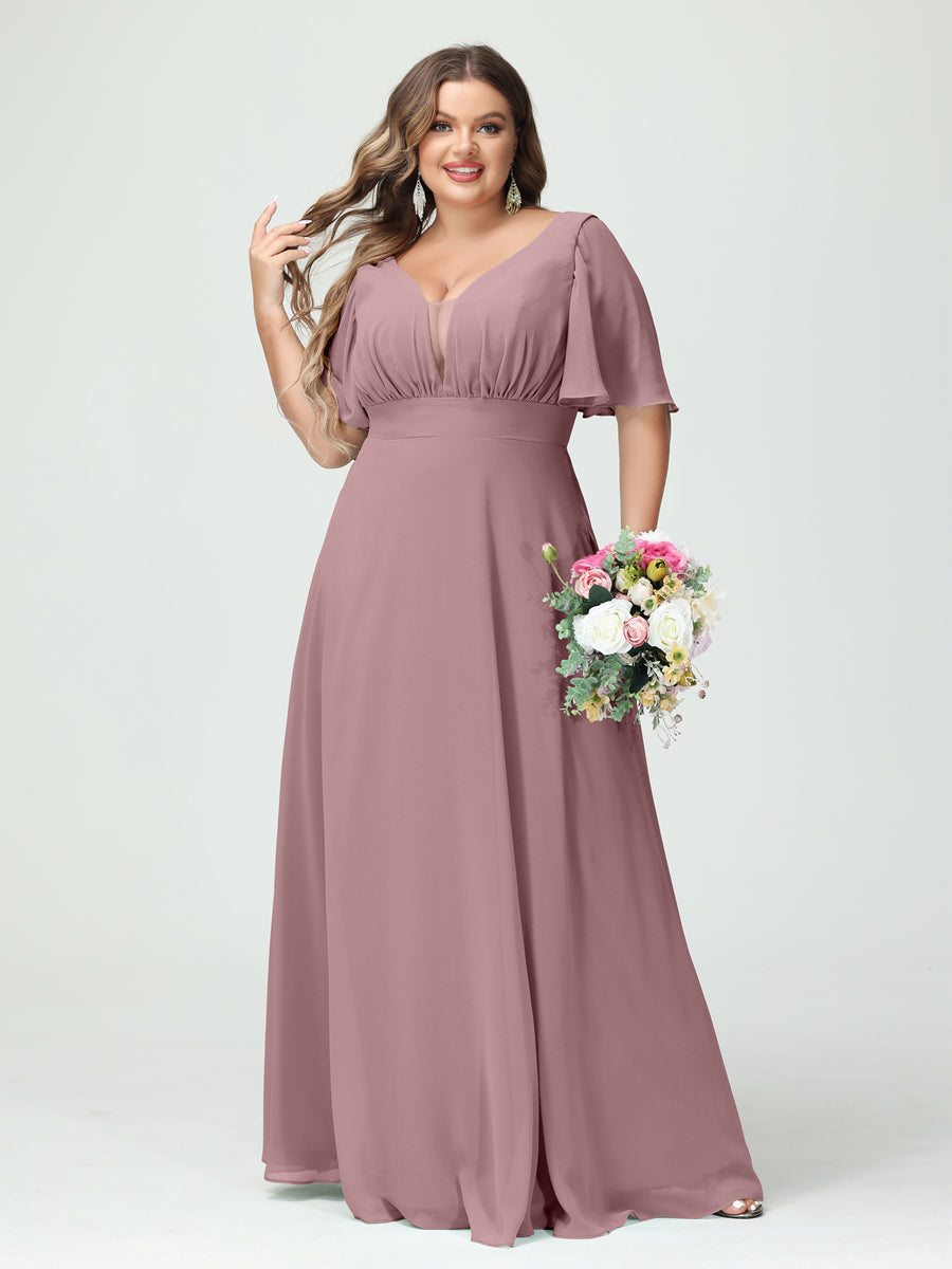 A-Line/Princess V-Neck Half Sleeves Chiffon Plus Size Bridesmaid Dresses with Pockets Mauve