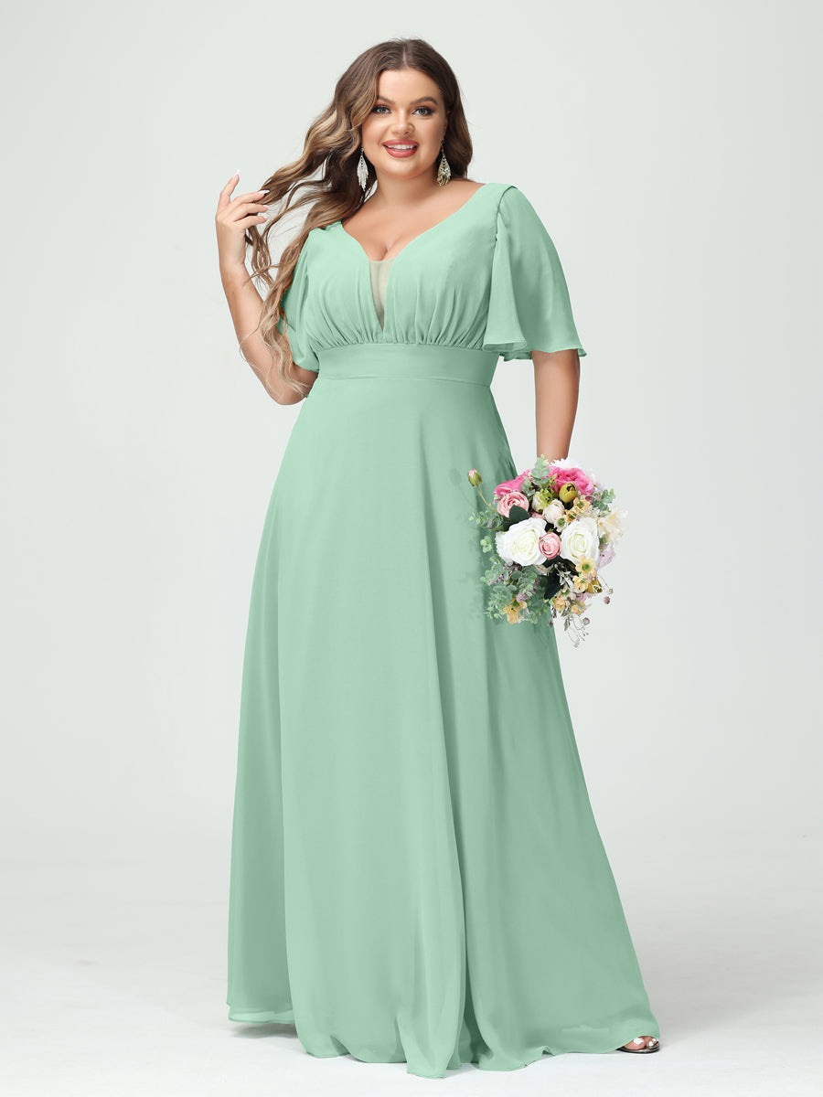 A-Line/Princess V-Neck Half Sleeves Chiffon Plus Size Bridesmaid Dresses with Pockets Mint Green