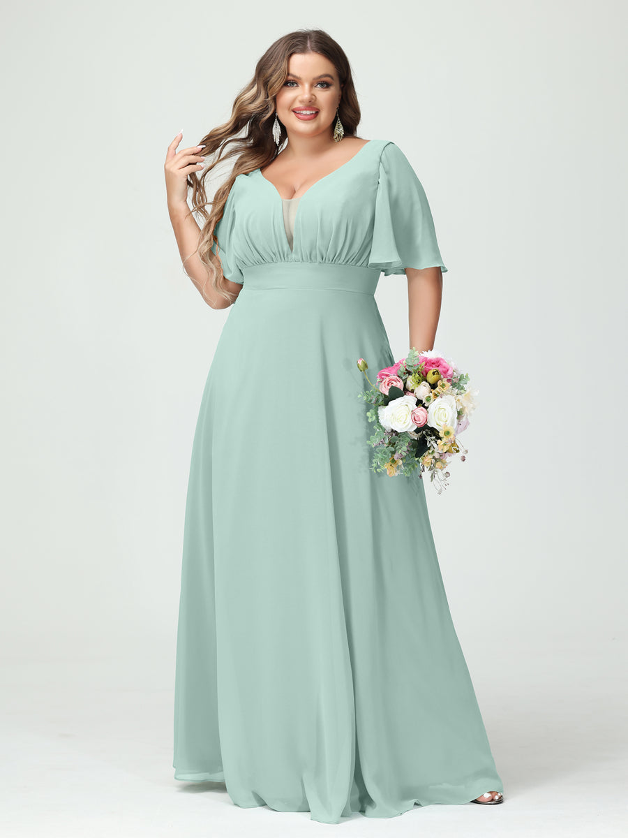 A-Line/Princess V-Neck Half Sleeves Chiffon Plus Size Bridesmaid Dresses with Pockets Mist Blue