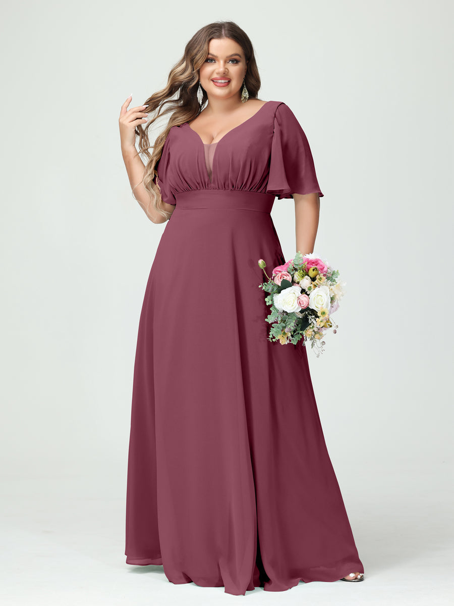 A-Line/Princess V-Neck Half Sleeves Chiffon Plus Size Bridesmaid Dresses with Pockets Mulberry