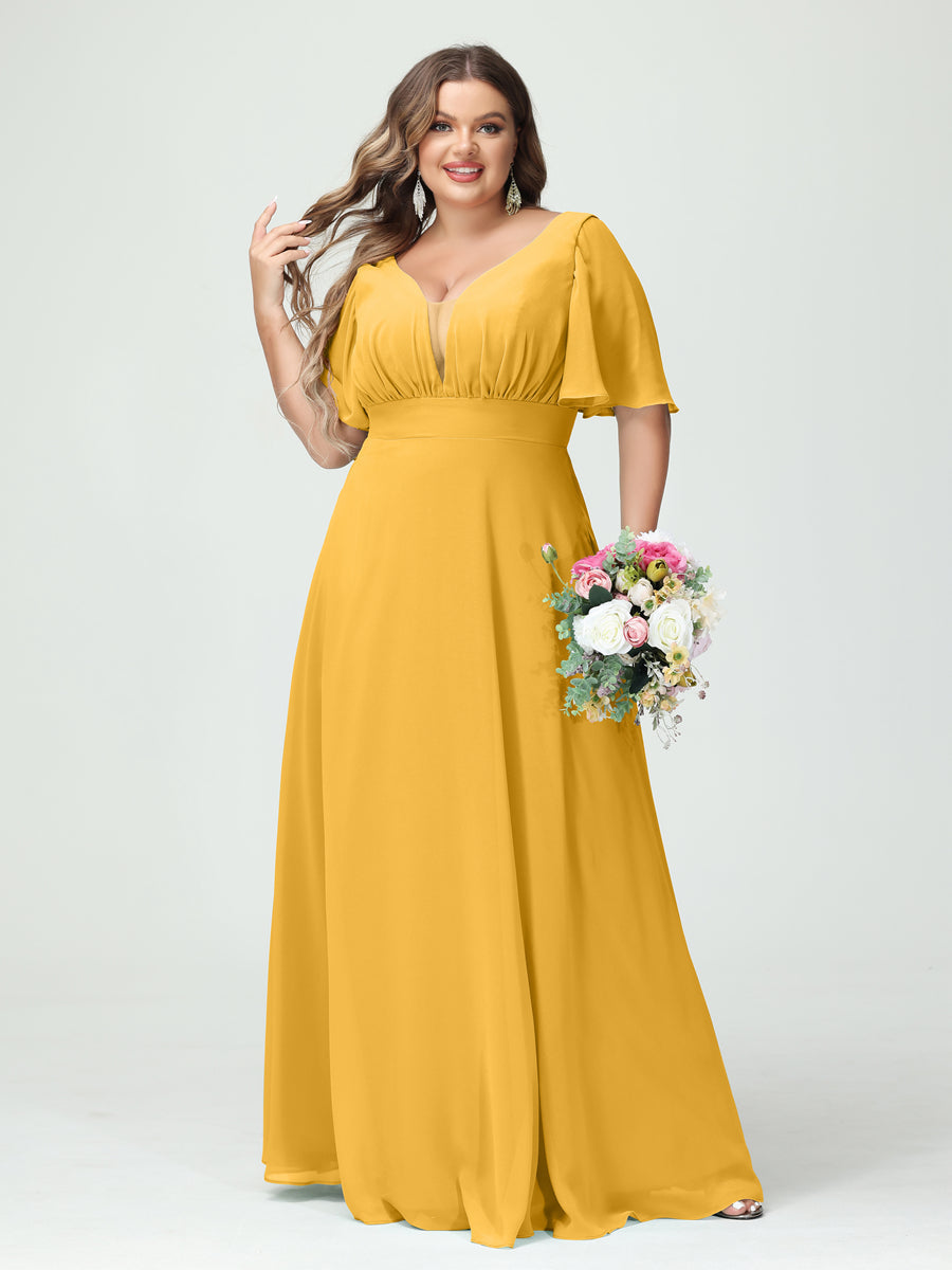 A-Line/Princess V-Neck Half Sleeves Chiffon Plus Size Bridesmaid Dresses with Pockets Mustard Yellow