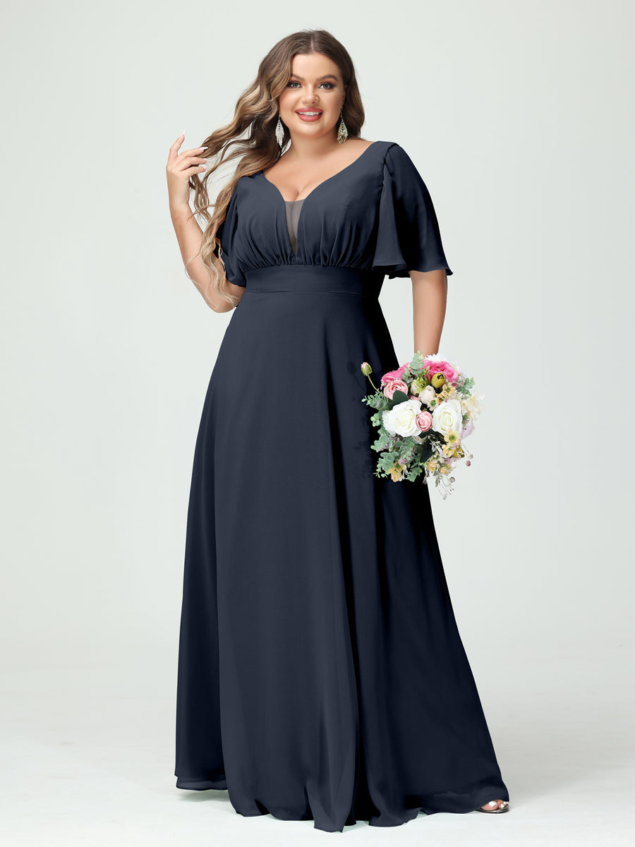 A-Line/Princess V-Neck Half Sleeves Chiffon Plus Size Bridesmaid Dresses with Pockets Navy Blue