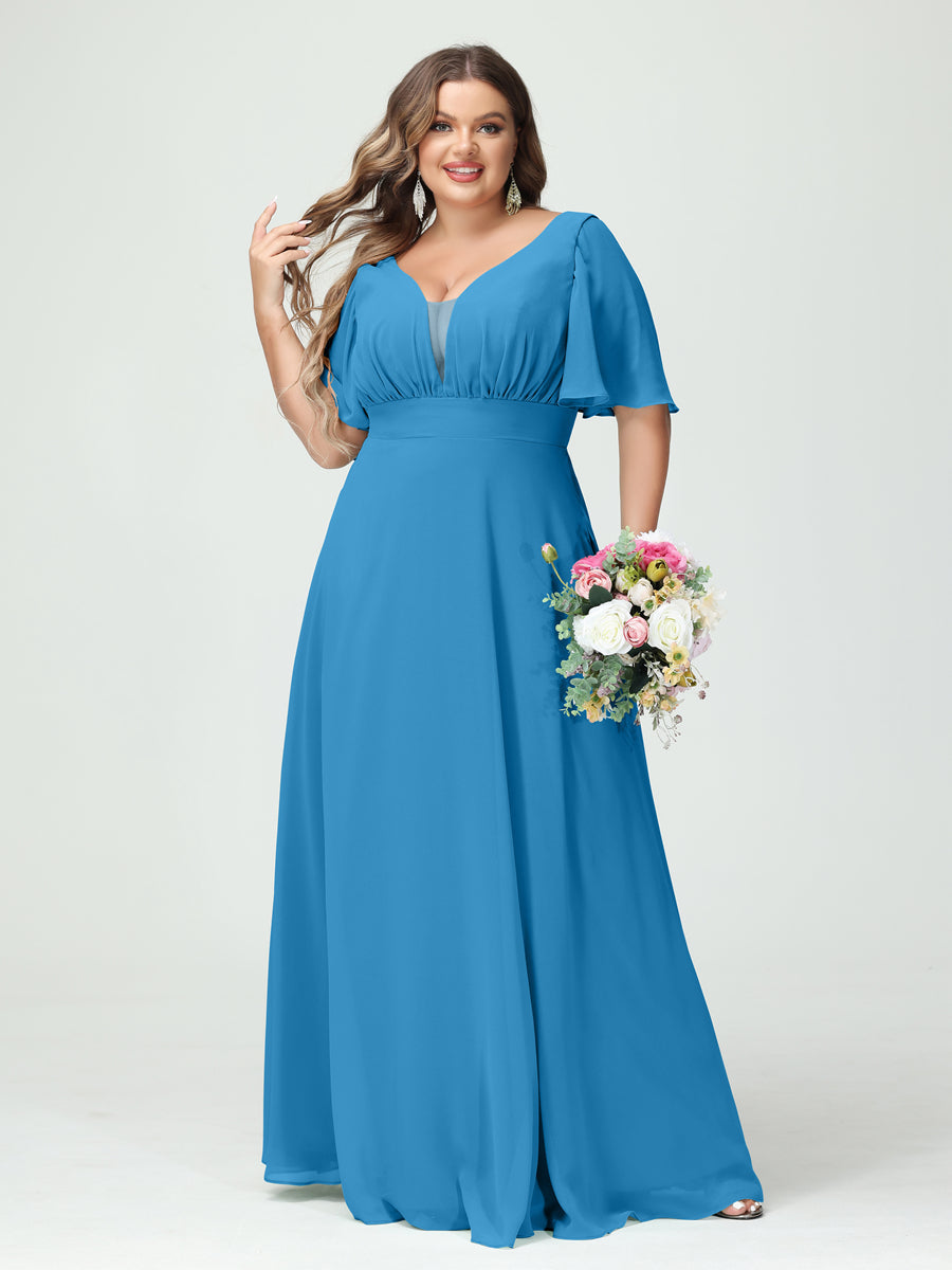 A-Line/Princess V-Neck Half Sleeves Chiffon Plus Size Bridesmaid Dresses with Pockets Ocean Blue