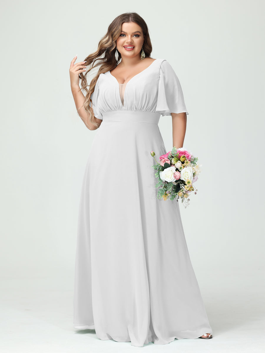 A-Line/Princess V-Neck Half Sleeves Chiffon Plus Size Bridesmaid Dresses with Pockets Off White