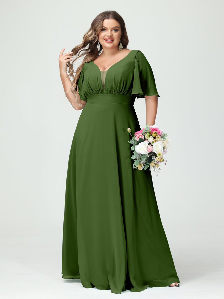 A-Line/Princess V-Neck Half Sleeves Chiffon Plus Size Bridesmaid Dresses with Pockets Olive Green