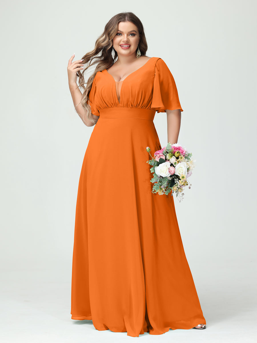 A-Line/Princess V-Neck Half Sleeves Chiffon Plus Size Bridesmaid Dresses with Pockets Orange