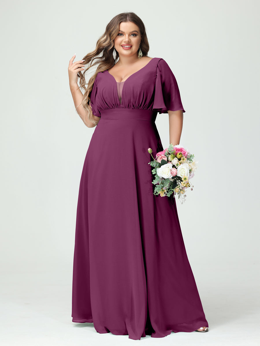 A-Line/Princess V-Neck Half Sleeves Chiffon Plus Size Bridesmaid Dresses with Pockets Orchid